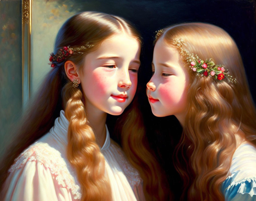 Two young girls with floral headpieces in serene companionship