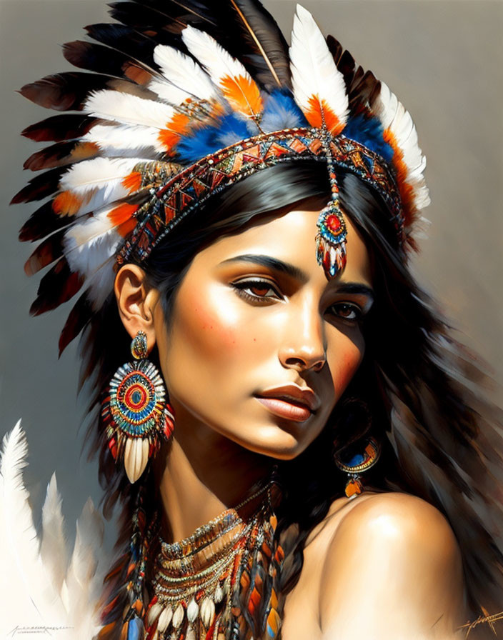 Woman portrait with feather headdress and jewelry radiating serenity.