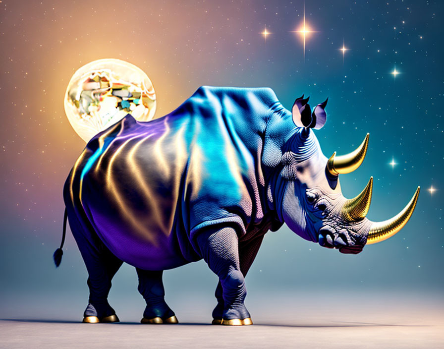 Vibrant blue and purple rhinoceros under starry night sky with moon and classical architecture