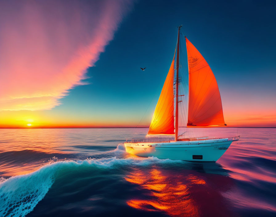 Glowing sailboat on calm waters at sunset