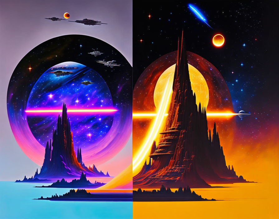 Vibrant sci-fi landscapes with planets, cosmic rings, and spaceships