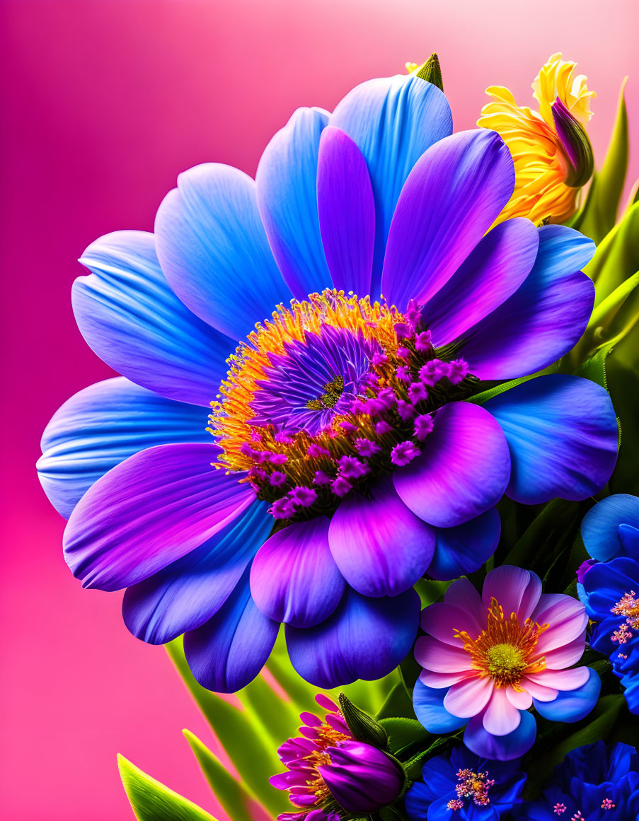 Colorful bouquet with large blue-purple bloom on pink backdrop