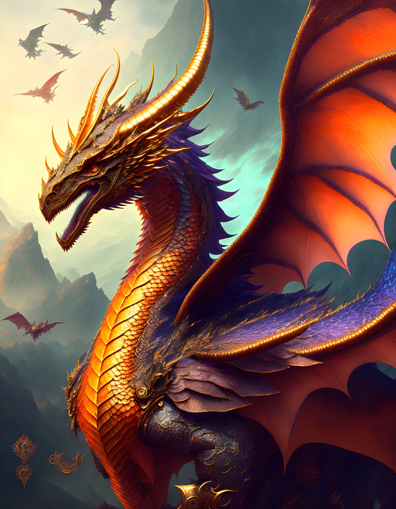 Golden-scaled dragon with outstretched wings among smaller dragons at twilight