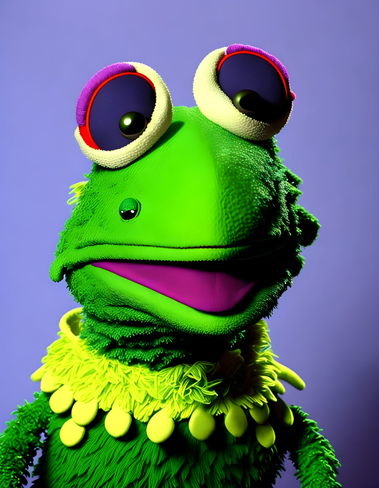 Colorful Frog Puppet Portrait on Purple Background