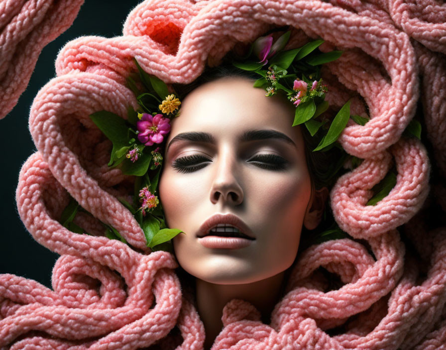 Woman's Face Covered in Pink Knitted Material with Fresh Flowers