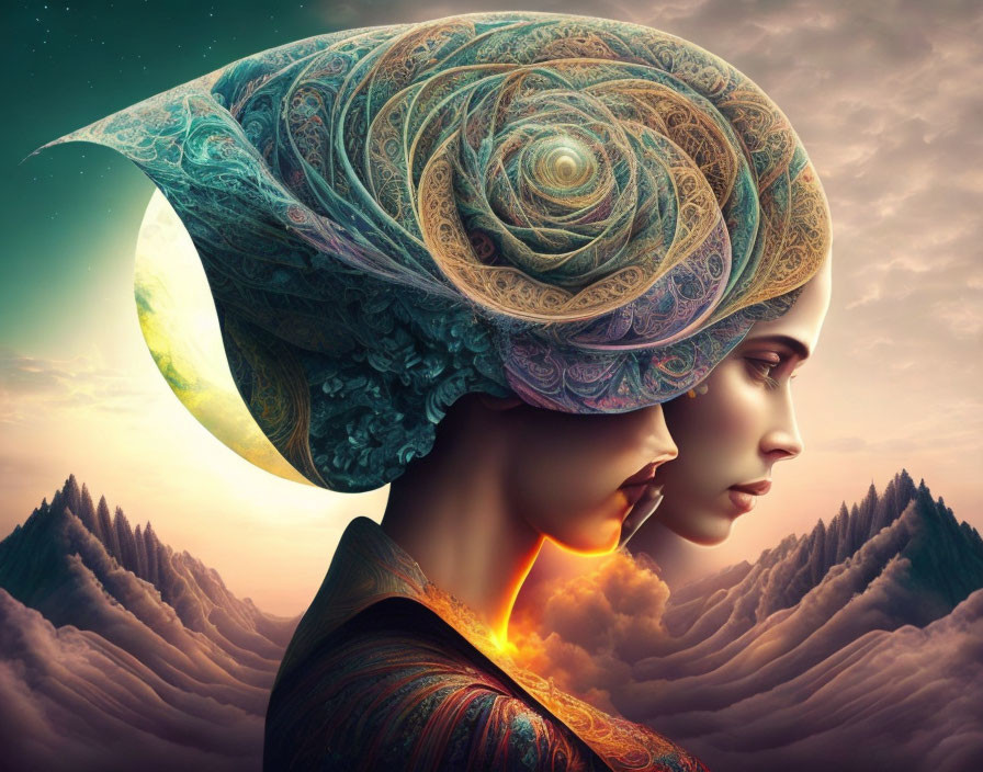 Surreal digital artwork: Two faces, intricate patterns, celestial landscape