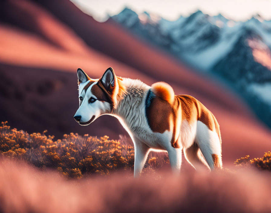 Siberian Husky in Field with Warm Lighting and Mountains