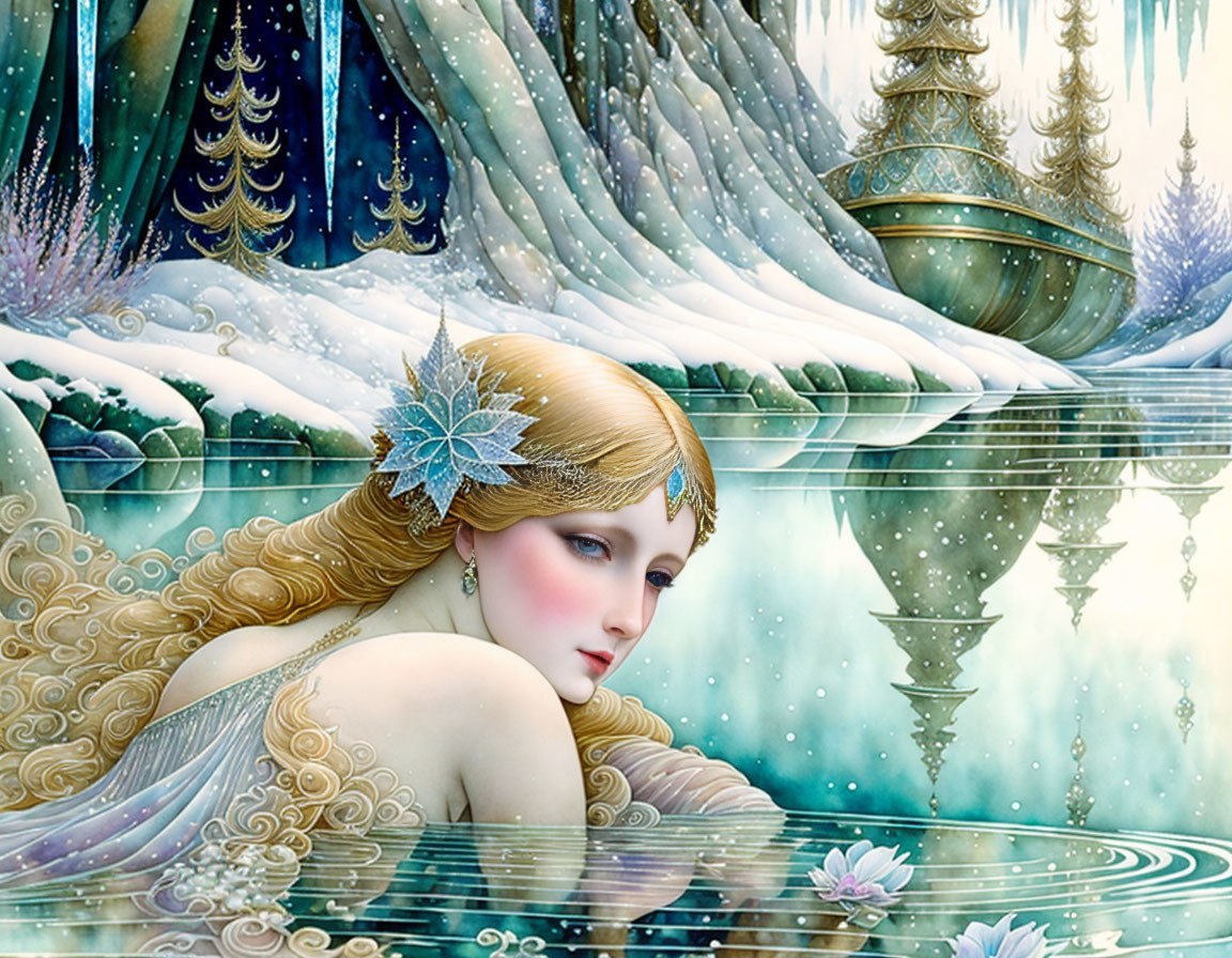 Golden-haired woman by icy blue lake in magical winter scene