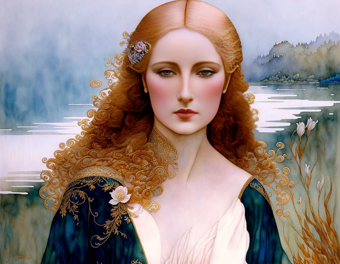 Ethereal woman with auburn hair by tranquil lakeside