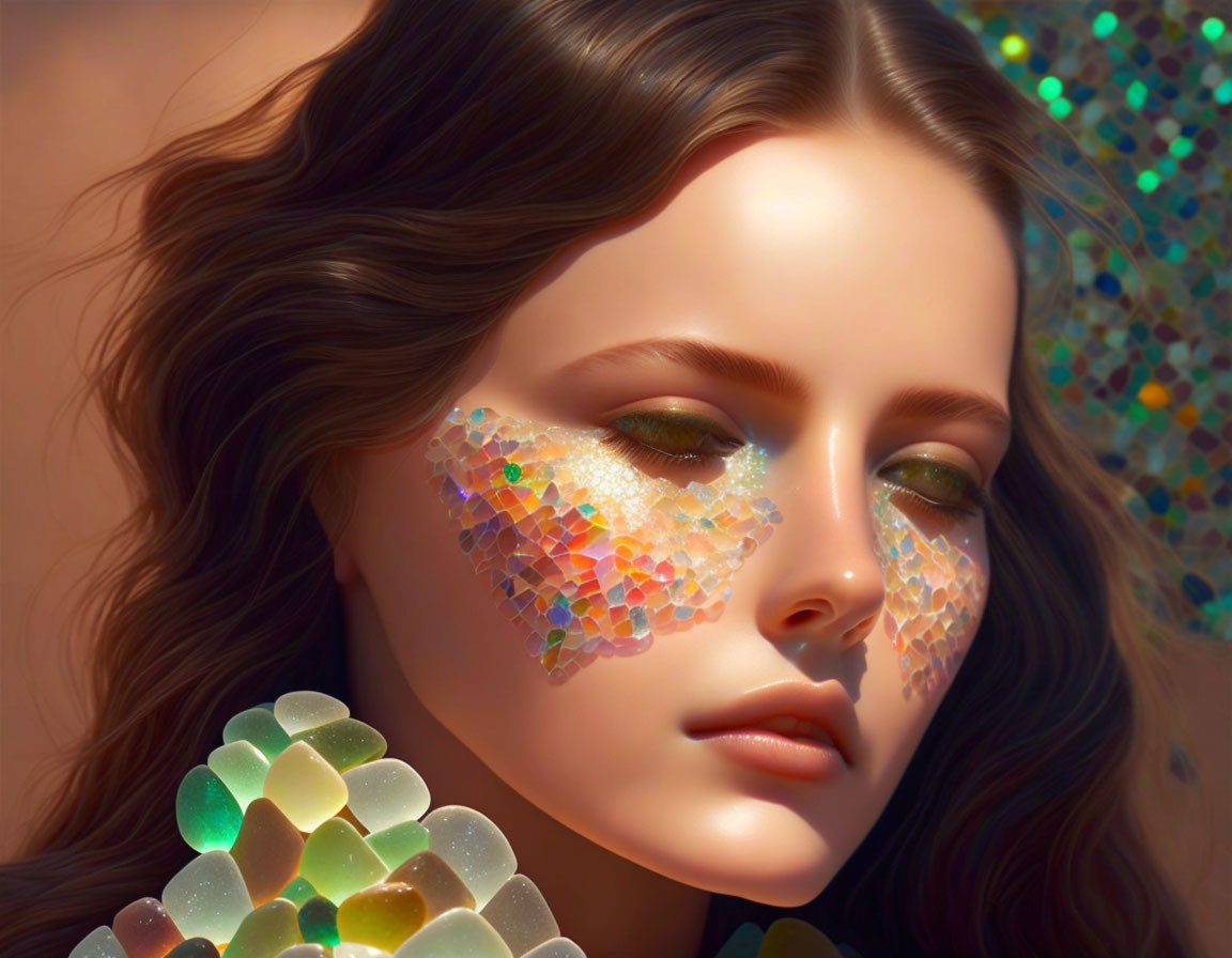 Digital artwork: Woman with multicolored crystal patterns, wavy hair, serene expression