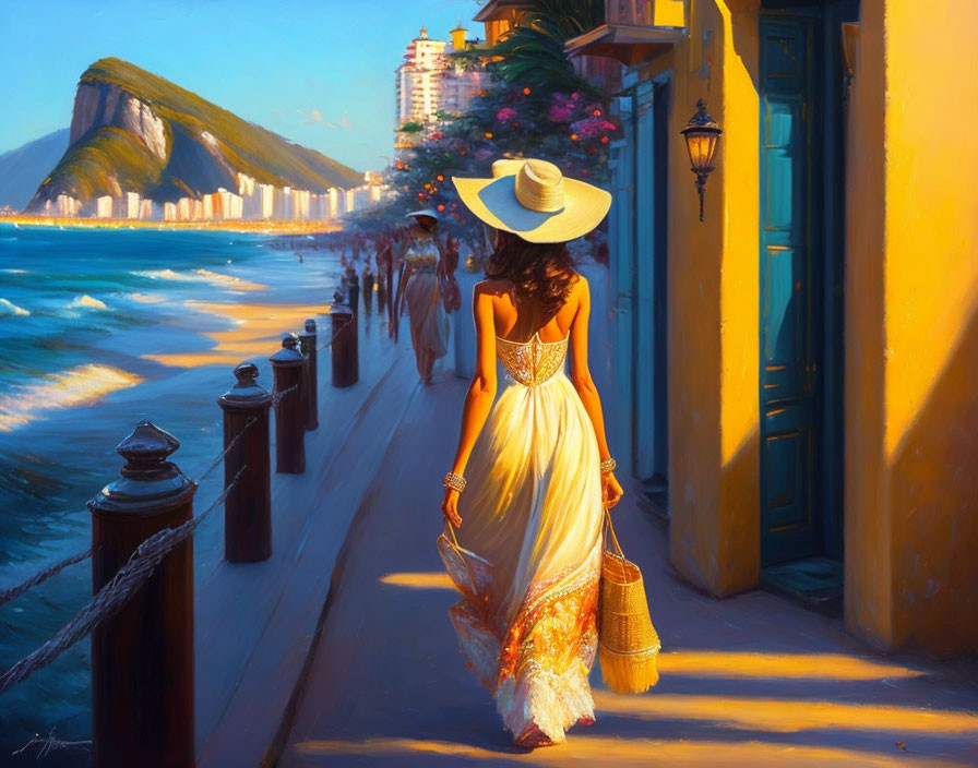 Woman in flowing dress and wide-brimmed hat strolling seaside promenade.