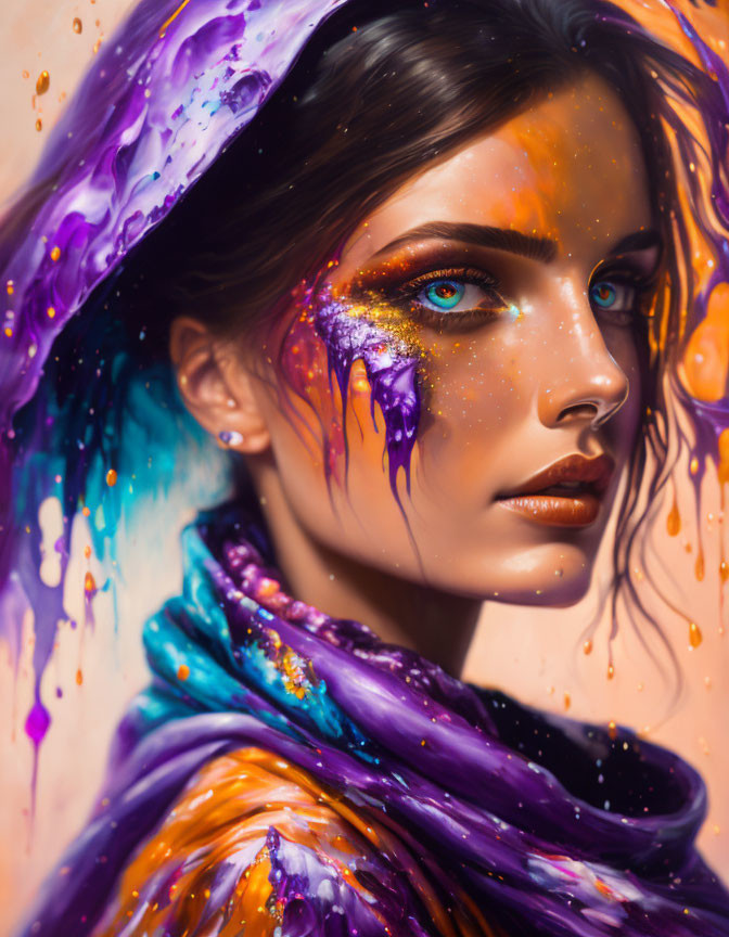 Vibrant portrait of a woman with dripping paint and colorful scarf