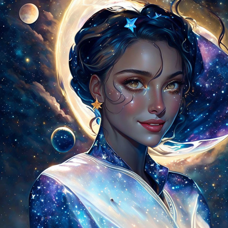 Cosmic-themed digital illustration of a woman with stars and galaxies.