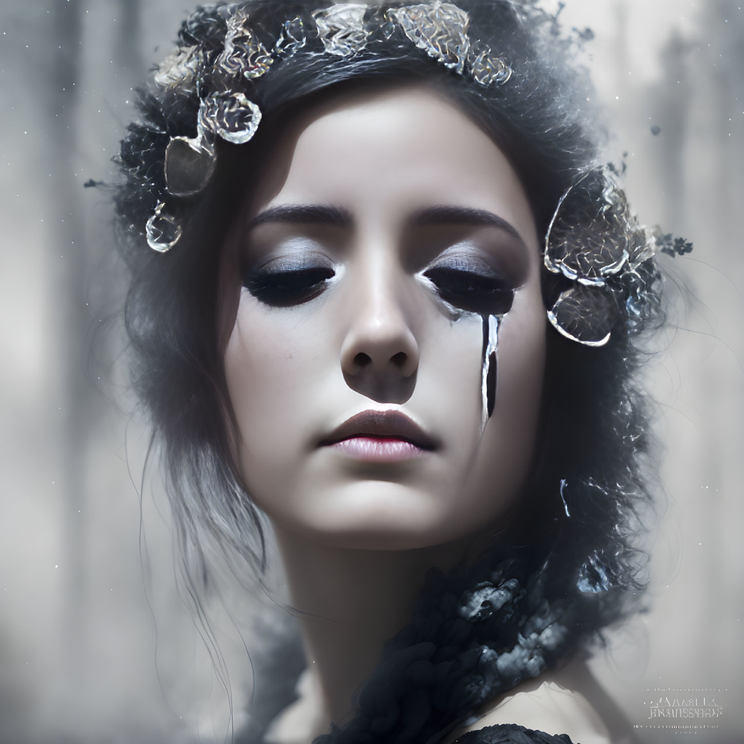 Woman with tears, dramatic makeup, floral headpiece on blurred background