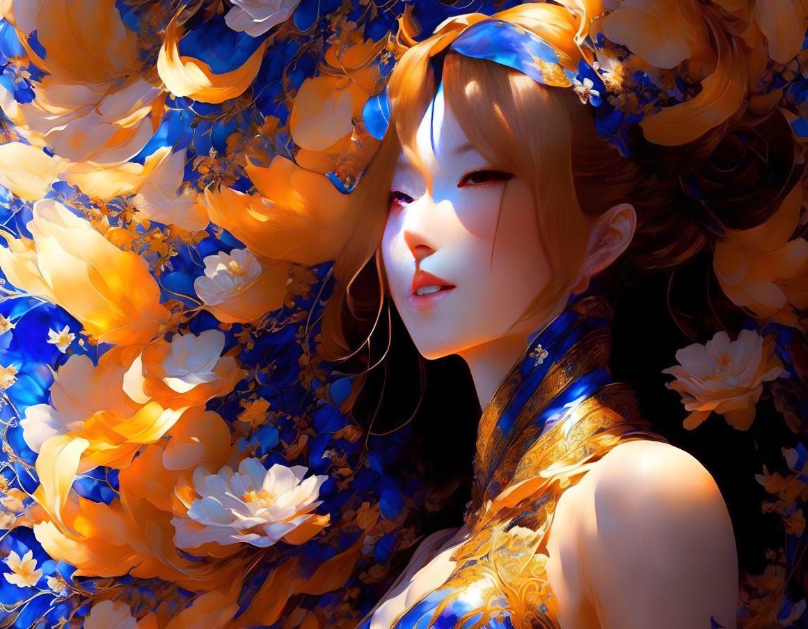 Elegant woman in blue and gold attire among vibrant flowers