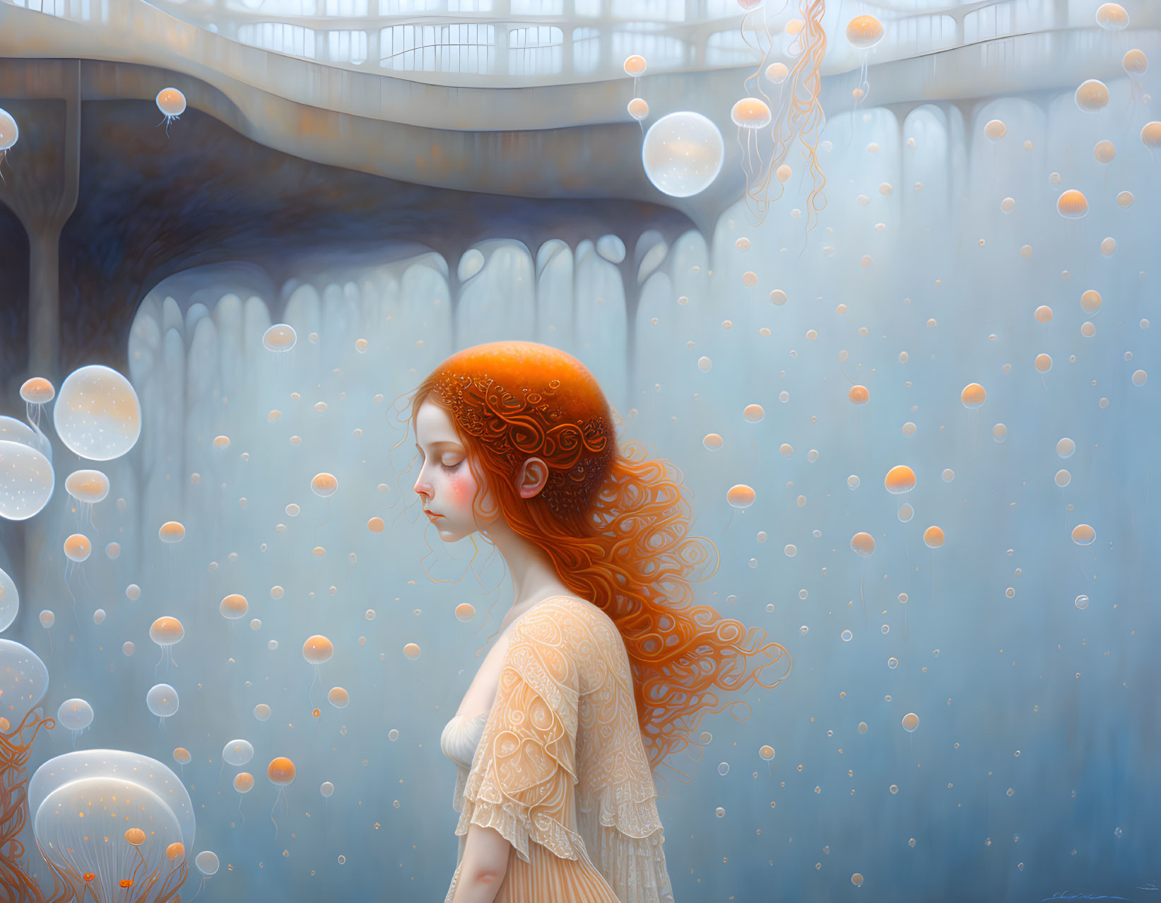 Red-haired woman in surreal underwater scene with jellyfish and orbs