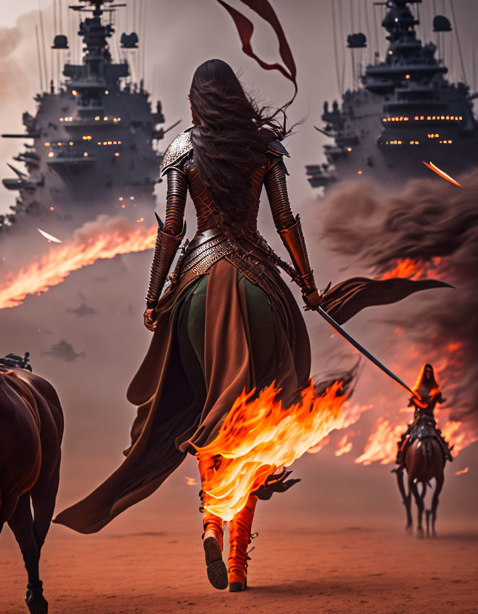 Warrior woman with flaming sword confronts fleet of ships as horse rider approaches.