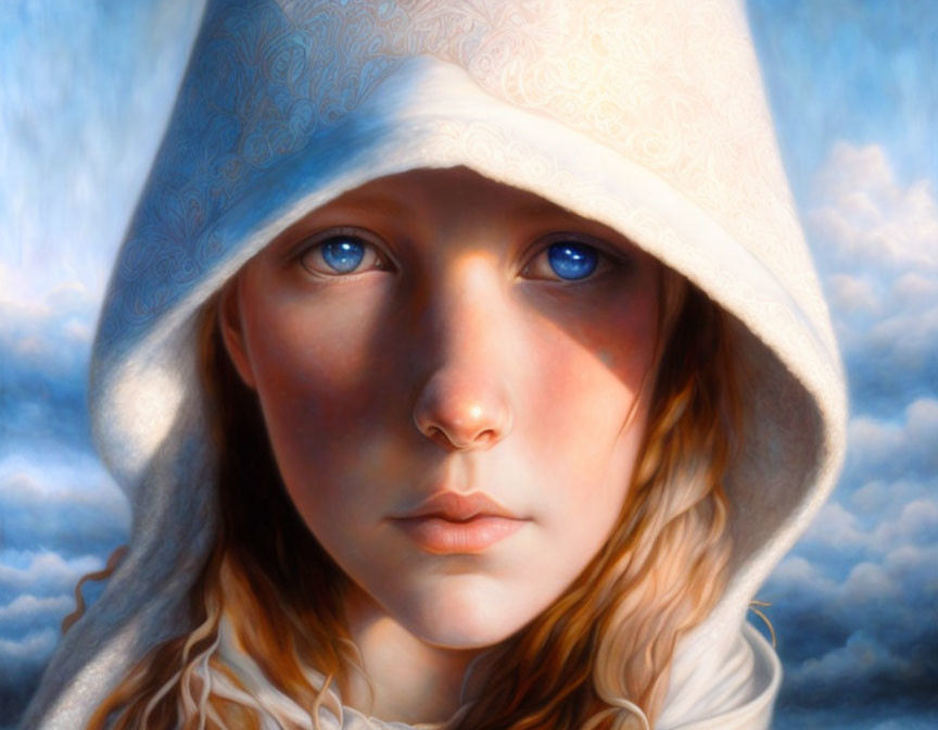 Portrait of a girl with blue eyes and blonde hair in white cloak against cloudy sky