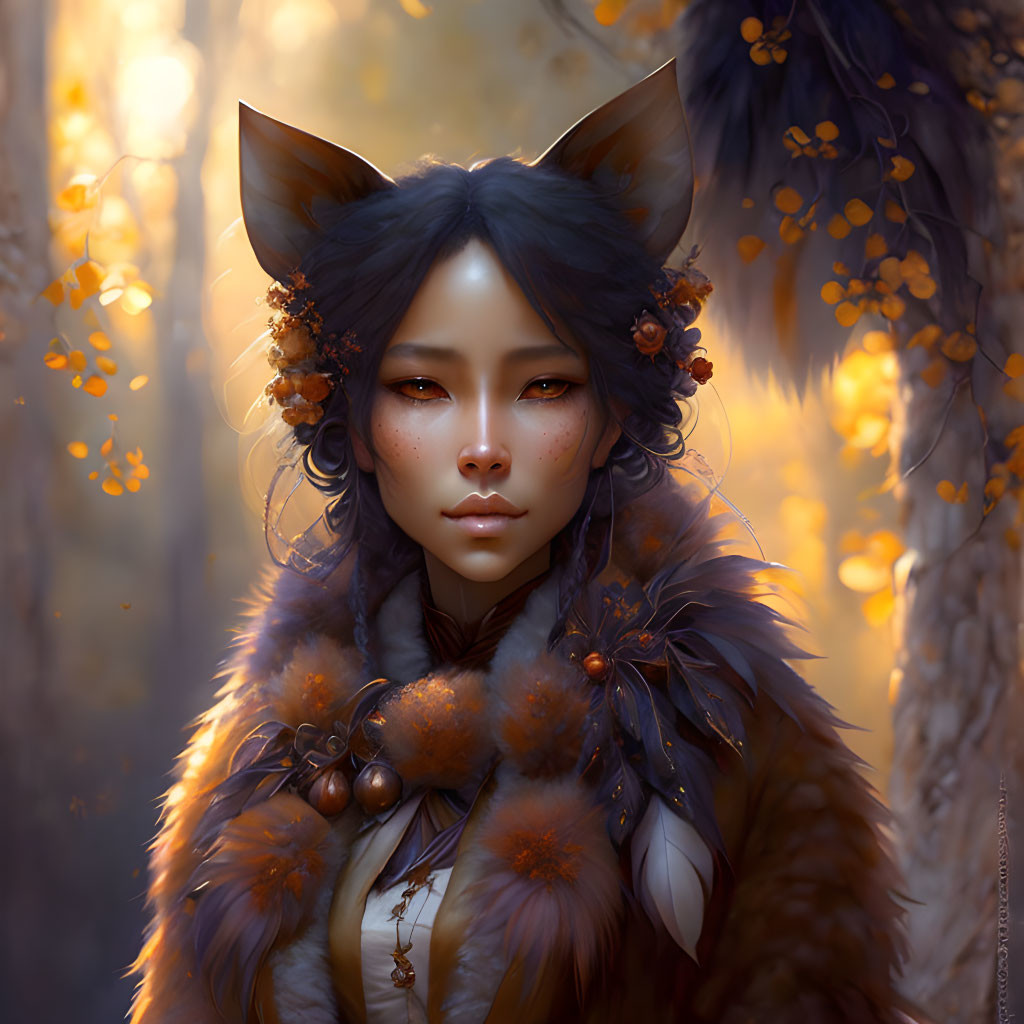 Fantasy character portrait with feline features in autumn forest