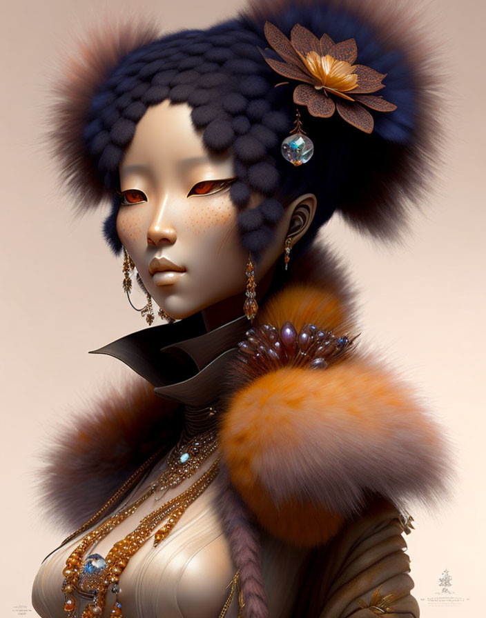 Illustration of person in fur-trimmed outfit with elegant jewelry and orange eyes