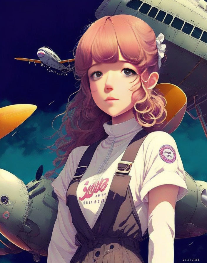 Illustrated girl with pink hair in white outfit against vintage airplane backdrop