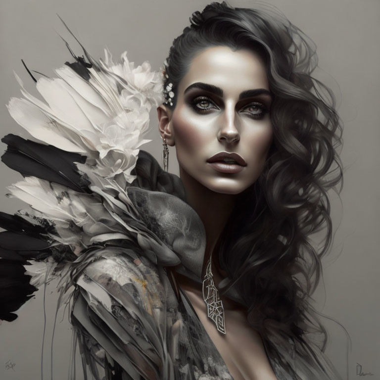 Dark-haired woman with striking makeup and feathered shoulder adornment.