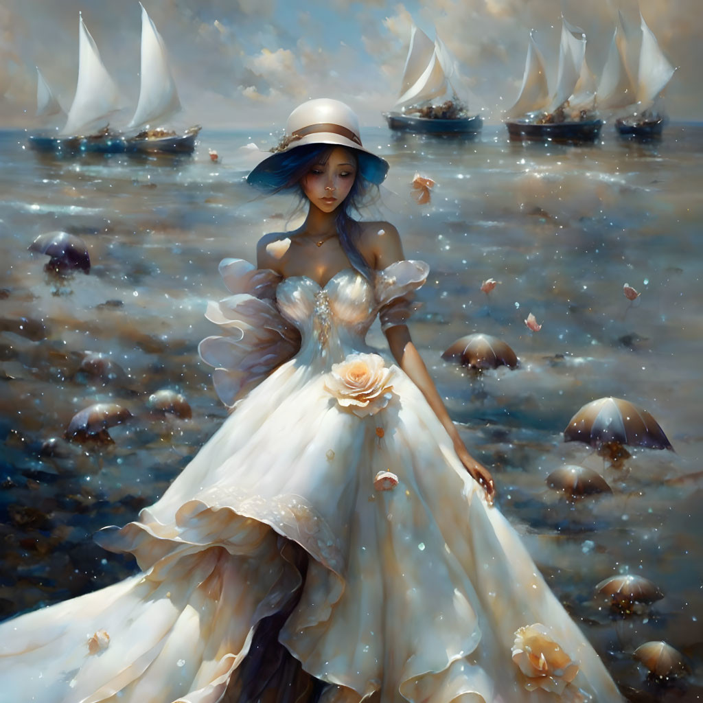 Woman in white dress and hat in fantastical seascape with jellyfish and sailing ships