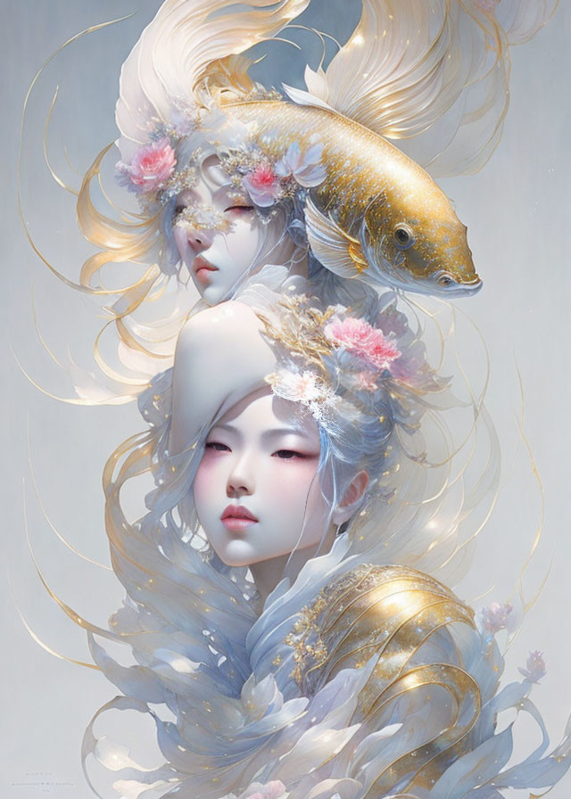 Surreal artwork: Two ethereal female faces, flowers, golden fish