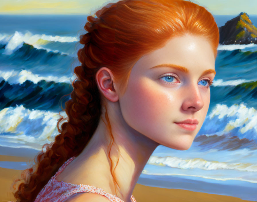 Red-haired woman with blue eyes by the sea and rock formation