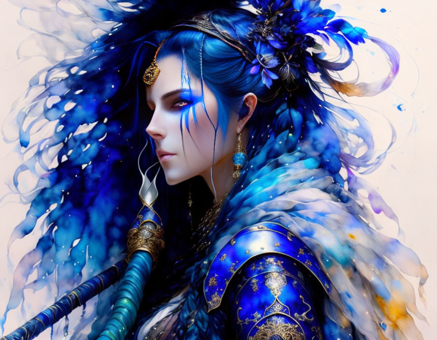 Vibrant blue-haired woman in intricate blue and gold outfit