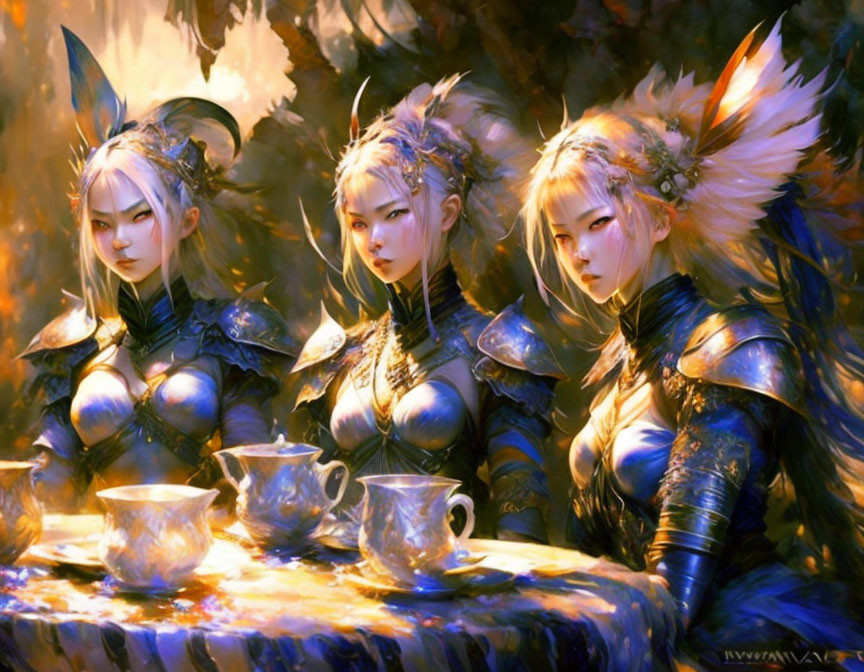 Fantasy elf warriors in intricate armor at mystical tea party