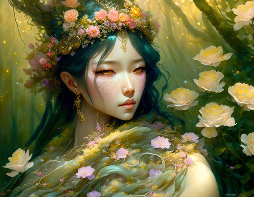 Fantasy portrait: Woman with green hair, flowers, and jewelry in glowing forest.