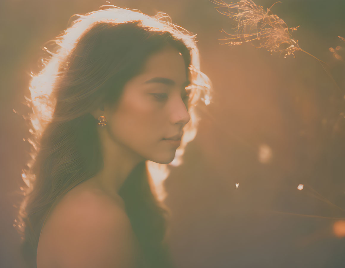 Woman's side profile with sunlit hair in dreamy backlighting