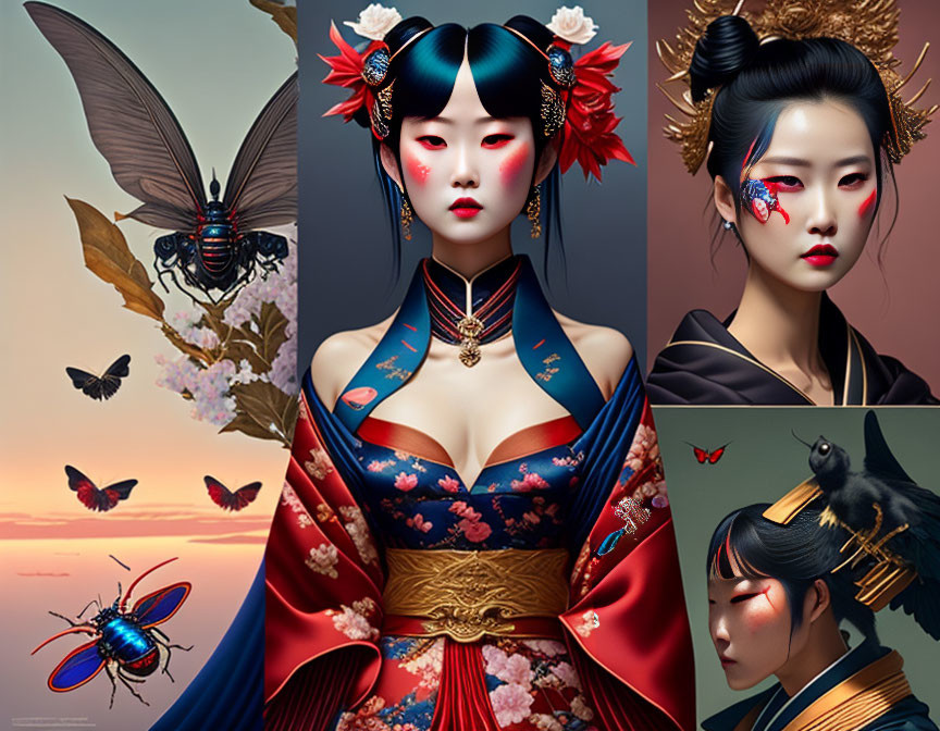 Artistic East Asian-inspired fantasy illustrations of women in traditional attire with stylized insects on serene backgrounds.