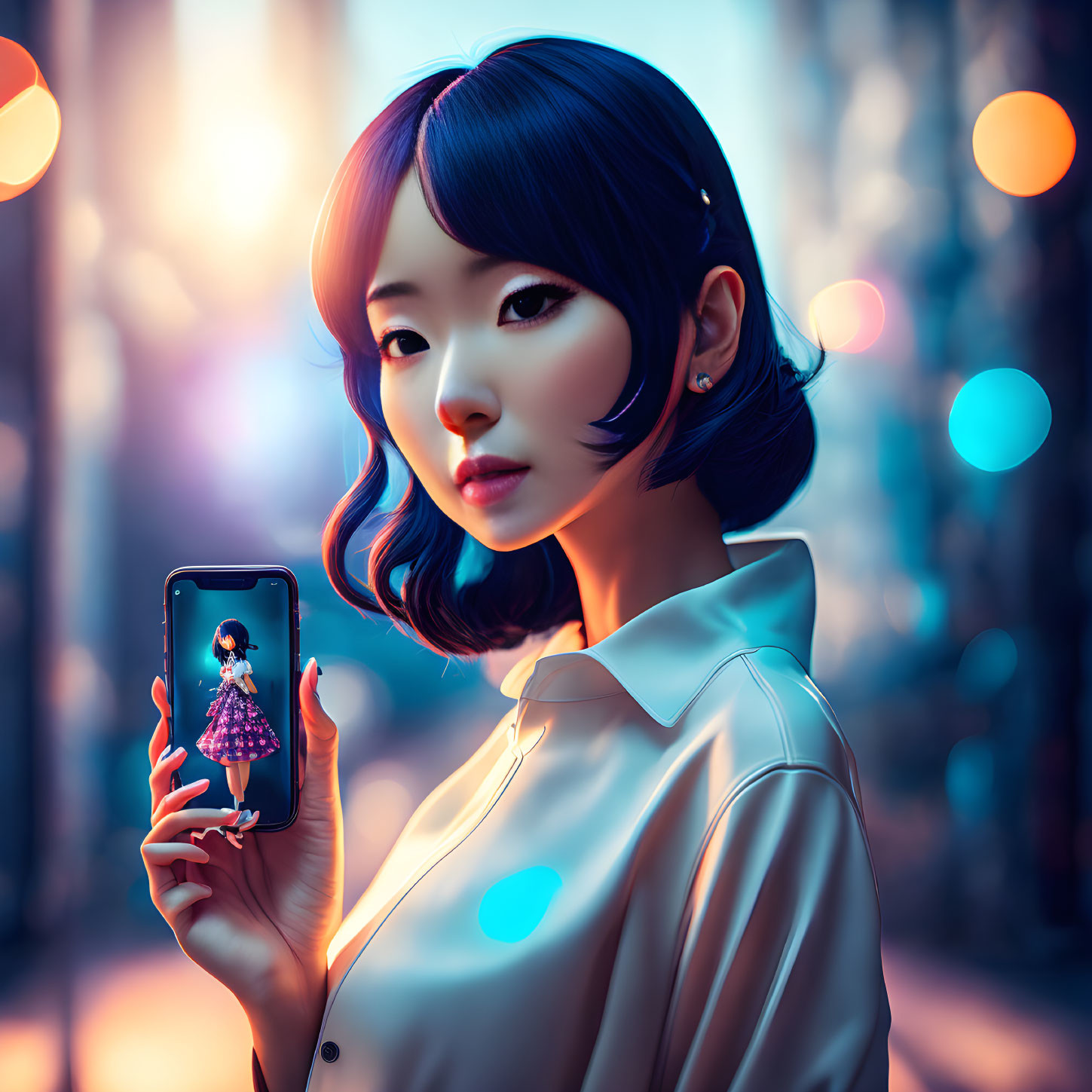 Short-haired woman holds smartphone with her image on screen, bokeh background