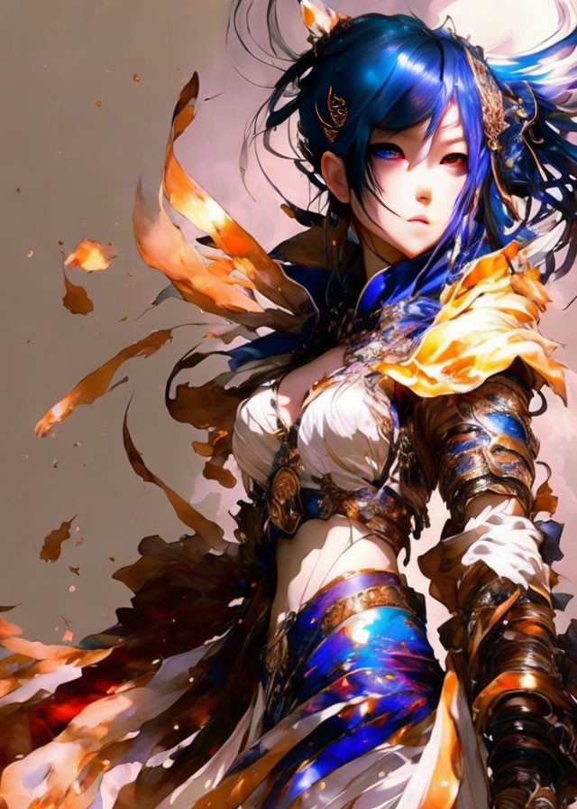 Blue-haired female warrior in gold and blue armor with fiery energy.