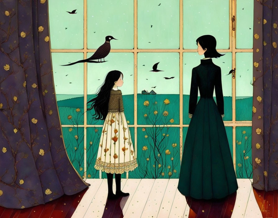 Stylized child and adult characters by window with serene landscape and birds.