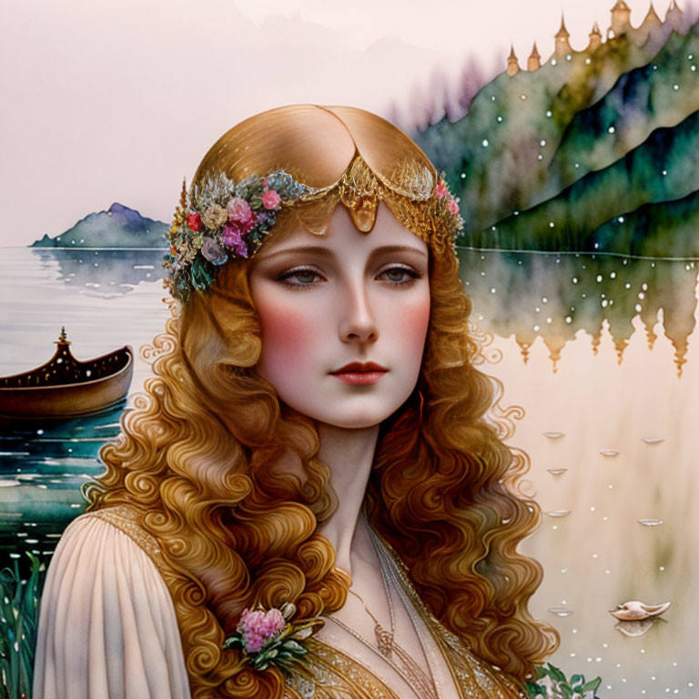 Ethereal woman with wavy hair in floral crown by tranquil lake