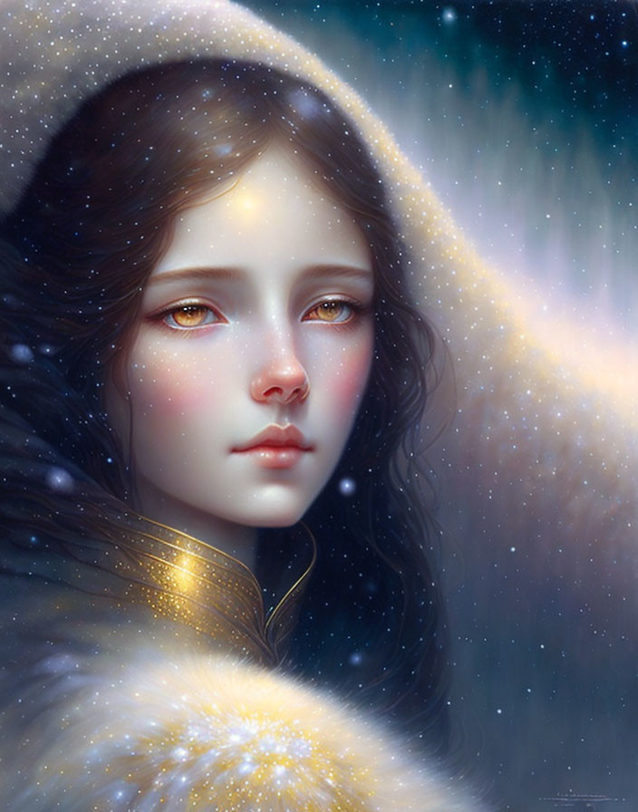 Digital painting of young woman with ethereal eyes in gold-trimmed hood, surrounded by snowfl