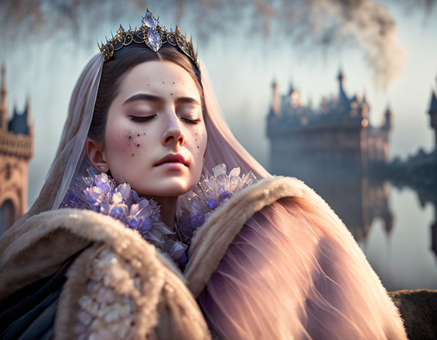 Serene queen with closed eyes, crown, cloak, surrounded by flowers and mystical castle