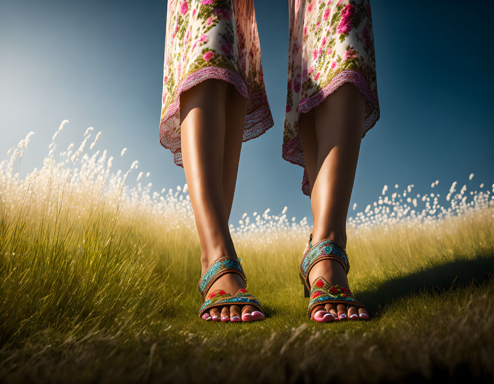 Colorful Sandals & Floral Dress in Grassy Field with White Flowers