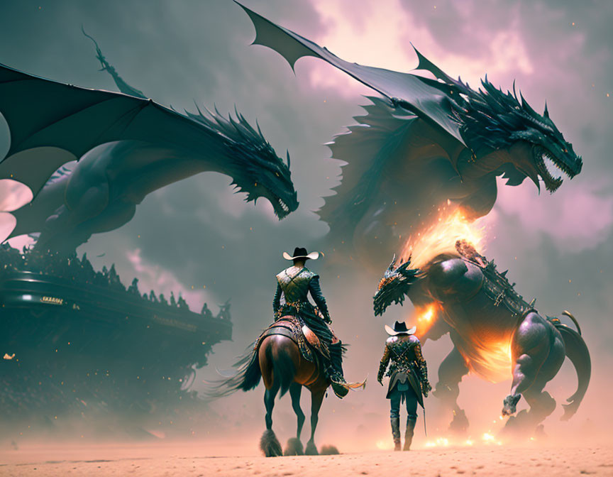 Cowboy and horse face dragons in dramatic setting.