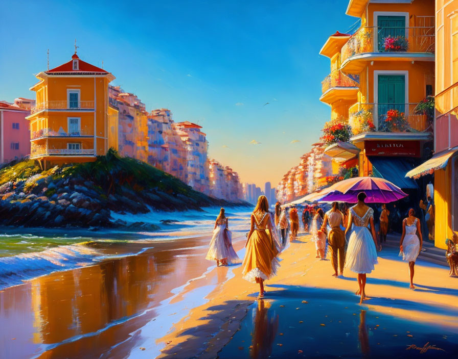 Colorful beach scene with strolling people, buildings, reflections, and flying birds