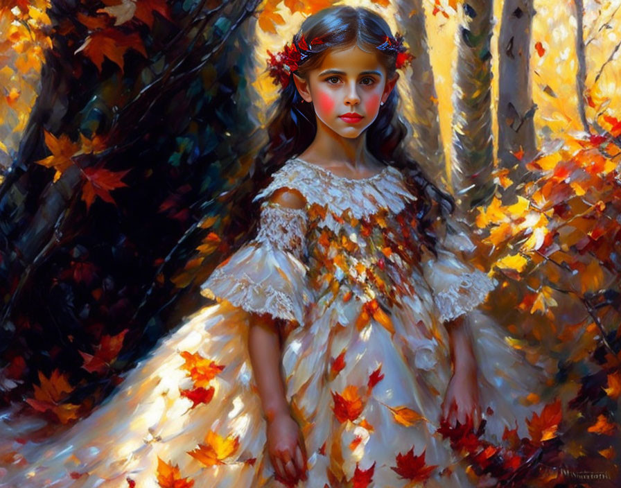 Young girl in white dress with leaf appliqués surrounded by autumn foliage.