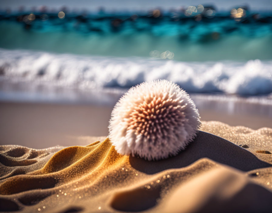 Sea urchin shell on sandy beach with blurred ocean horizon