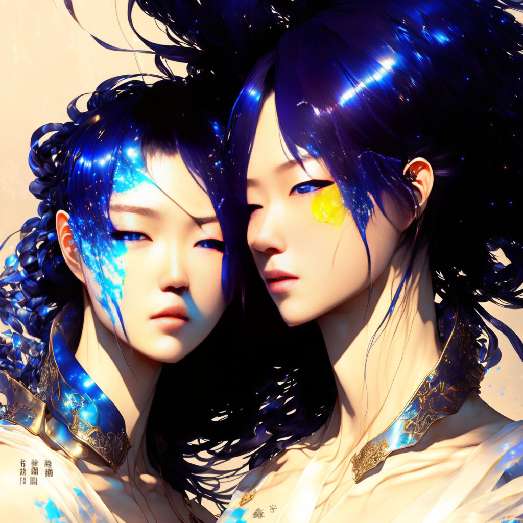 Ethereal digital art: two dark-haired figures with blue highlights and gold accessories