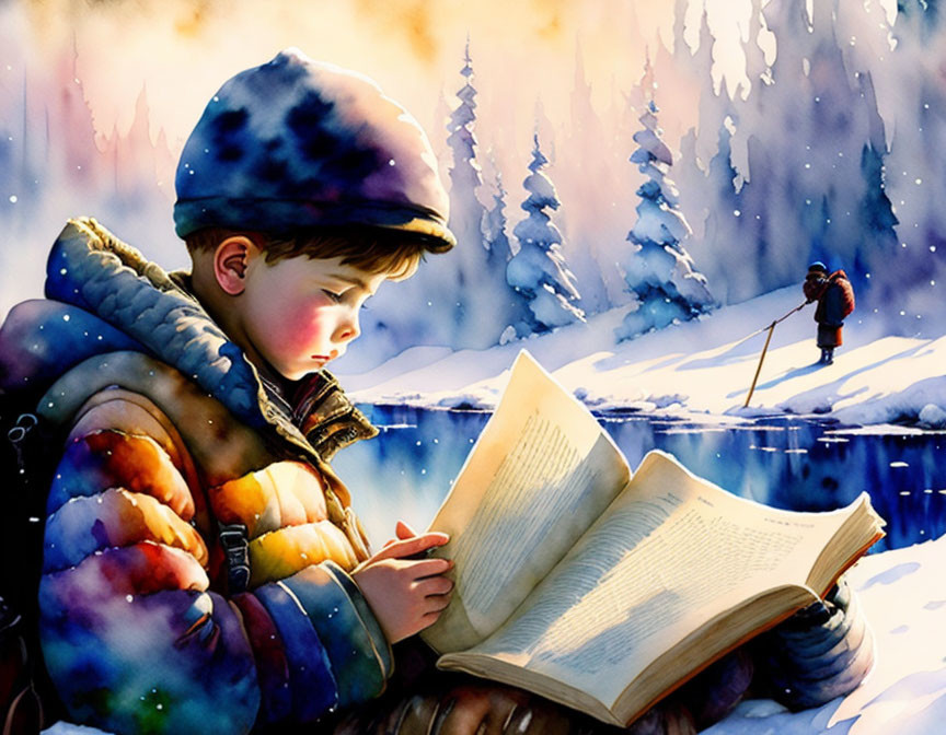 Child reading by frozen lake near ice fisher in snowy landscape