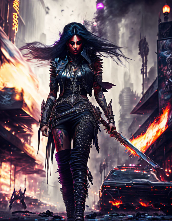 Warrior woman with blue hair in dark armor wields sword in fiery dystopian setting