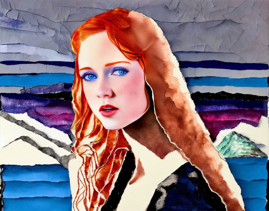 Colorful artwork: Woman with red hair and blue eyes on abstract landscape background