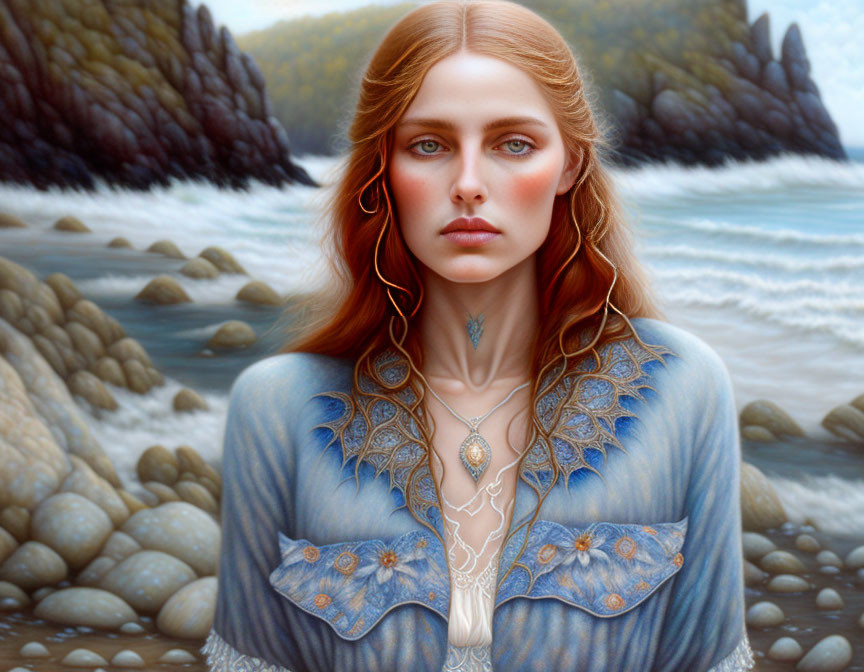 Portrait of Woman with Red Hair and Blue Eyes in Blue Cloak Against Coastal Background